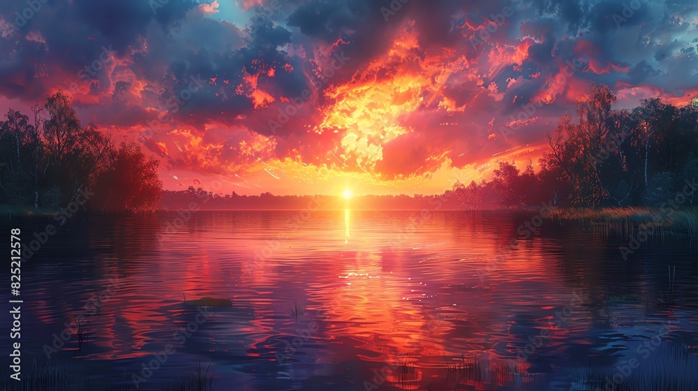Stunning sunset over a tranquil lake with vibrant colors reflecting in the water, surrounded by trees and dramatic clouds.