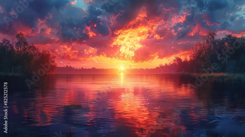 Stunning sunset over a tranquil lake with vibrant colors reflecting in the water  surrounded by trees and dramatic clouds.