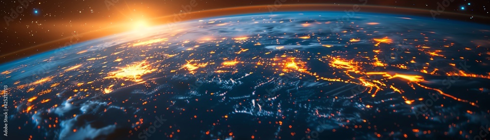 Stunning view of Earth from space at sunrise, showcasing illuminated cities and natural landscapes. Captivating and awe-inspiring planetary beauty.