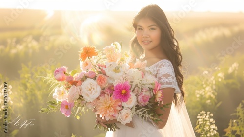 Photo of a woman holding a vibrant bouquet of flowers in a sunlit field, surrounded by blooming flowers and greenery.