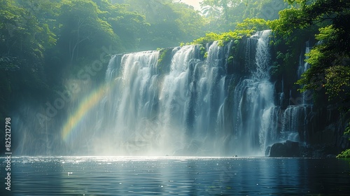 Stunning waterfall cascades into a serene pool surrounded by lush greenery and illuminated by a beautiful rainbow in a tropical paradise. photo
