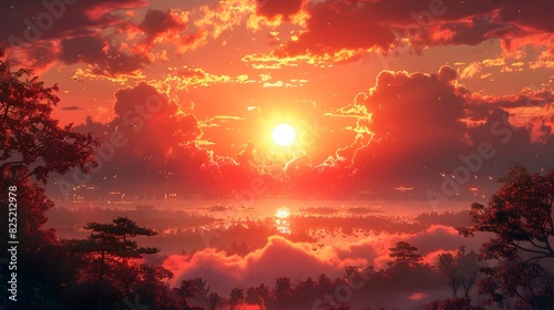 Captivating Sunset Reflection Casting a Mesmerizing Glow over a Serene Lake Surrounded by Lush Foliage and a Dramatic Sky