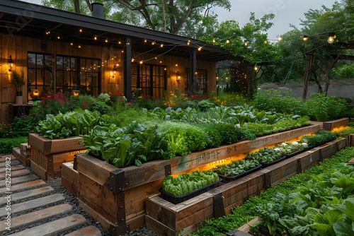 Charming Backyard Vegetable Garden with Rustic Greenhouse and Cozy Outdoor Ambiance © sathon