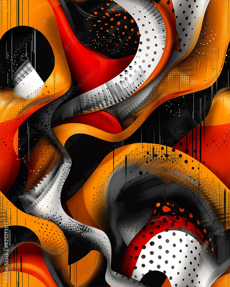 The image is a colorful abstract piece with orange and black swirls The image is a colorful abstract piece with orange and black swirls