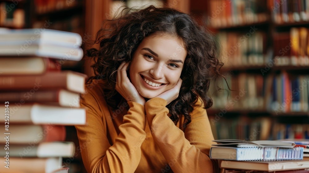 A young woman with curly hair smiles brightly, surrounded by books in a cozy library. A young woman with curly hair smiles brightly, surrounded by books in a cozy library.