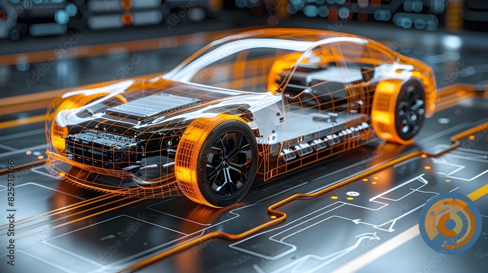 Cutting-Edge Futuristic Electric Sports Car Rendering with Sleek Orange Chrome Bodywork and Luminous Accents