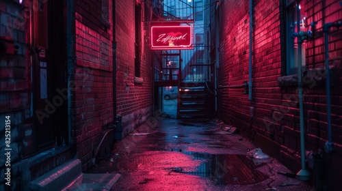 Dark urban alleyway with red neon sign for a mysterious and moody design