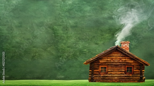A rustic cabin in the woods with smoke coming from the chimney, isolated on a green background