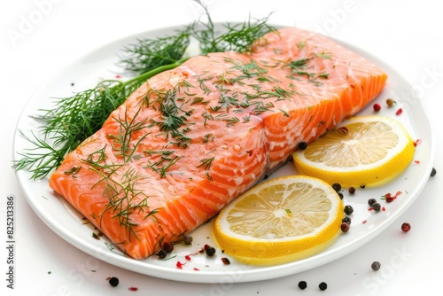 Baked salmon fillet with lemon slices and dill on a white background