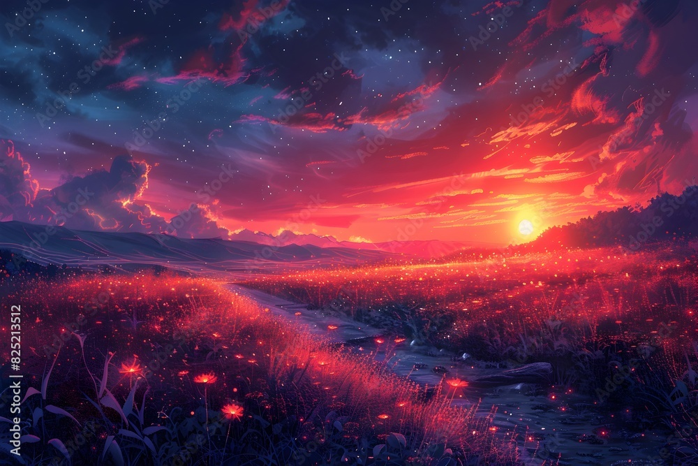 Ethereal Sunset Landscape with Starry Night Sky and Glowing Pond Reflection