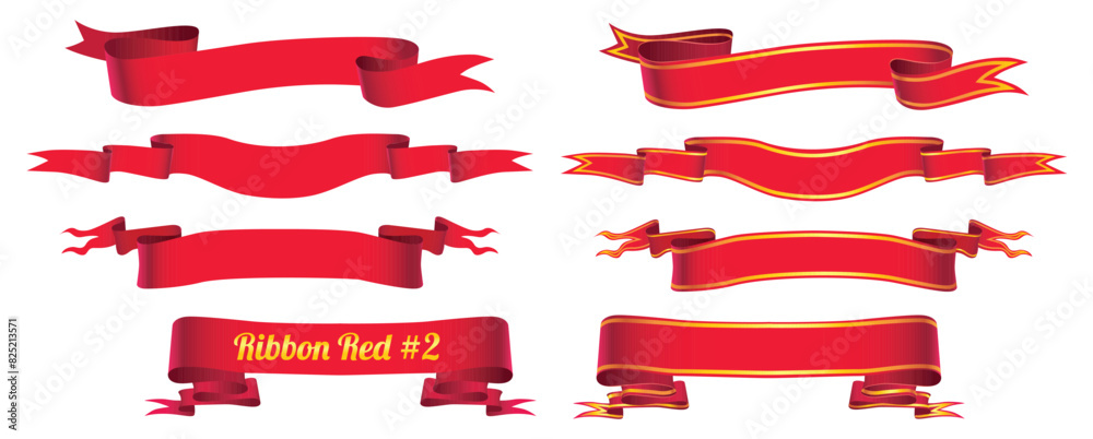 Vector ribbon in red for decoration of holidays, cards, greetings. Realistic set of red ribbons, vector image. Many options for vintage ribbons for the decoration of the background and banner. Vector ribbon in red for decoration of holidays, cards, greetings. Realistic set of red ribbons, vector image. Many options for vintage ribbons for the decoration of the background and banner.