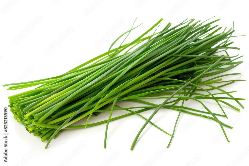 Fresh chives with vibrant green stems isolated on white background Fresh chives with vibrant green stems isolated on white background