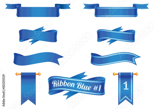 Vector ribbon in blue for decoration of holidays, cards, greetings, icons. Realistic set of blue ribbons, vector image. Many options for vintage ribbons for the decoration of the background, banner.