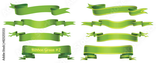Vector ribbon in green for decoration of holidays, cards, greetings. Realistic set of green ribbons, vector image. Many options for vintage ribbons for the decoration of the background, banner, icons.
