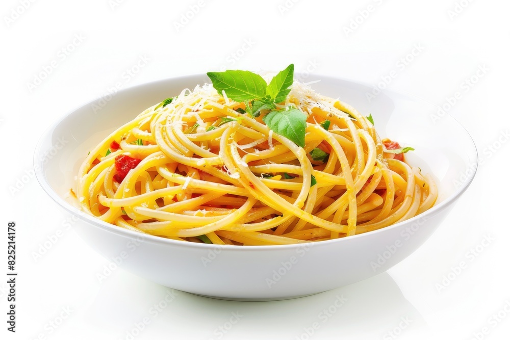 Traditional spaghetti carbonara with parmesan on a white background Traditional spaghetti carbonara with parmesan on a white background