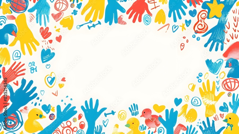 Vibrant Children s Day Doodle Background with Playful Handprints Rubber Ducks and Candy Swirls in Whimsical Style Leaving Ample Blank Space for