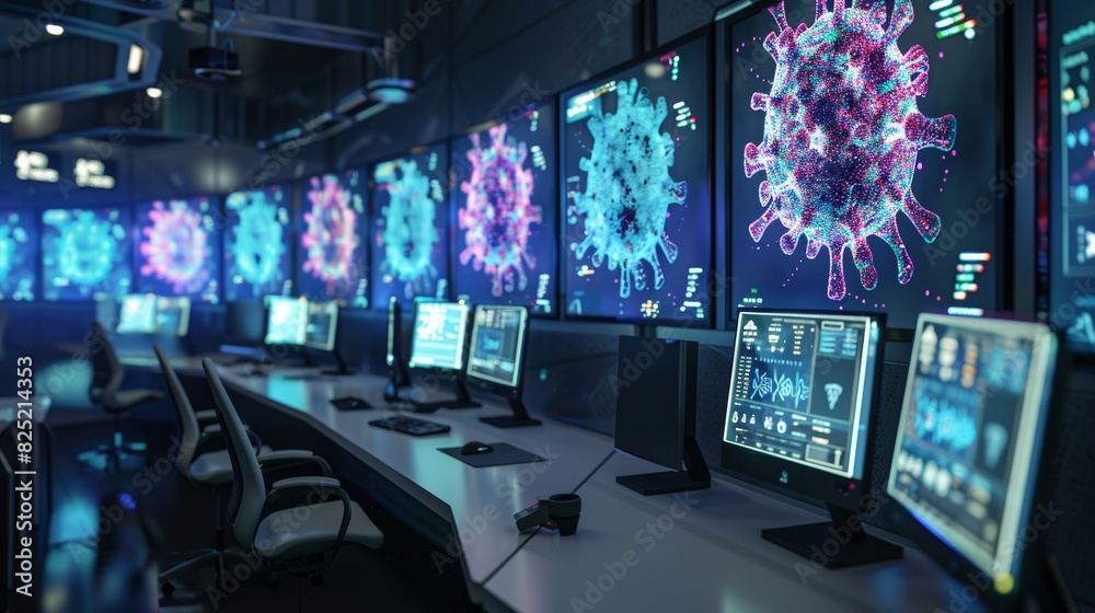 Naklejka premium Cyber Security Operations Center with Network Virus Spread Simulation