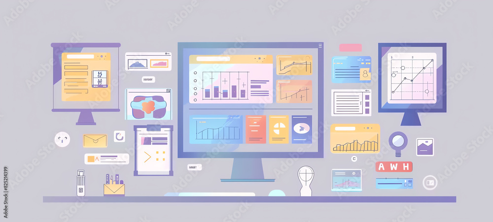 digital platform interface, flat design, top view, userfriendly navigation, cartoon drawing, analogous color scheme. digital platform interface, flat design, top view, userfriendly navigation, cartoon drawing, analogous color scheme.