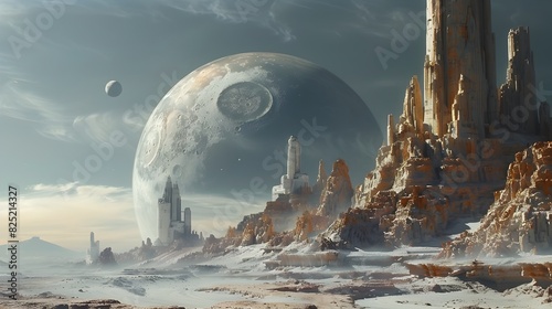 Majestic Alien Cityscape with Towering Spires and Looming Celestial Bodies in Dramatic Sci-Fi Landscape