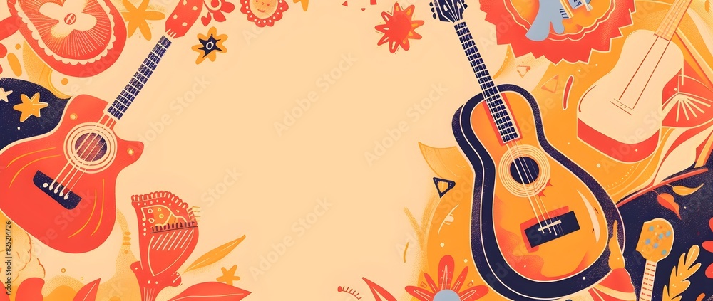 Hispanic Instrument Border Vibrant Doodle Border Design with Blank Space for Hispanic Heritage ...