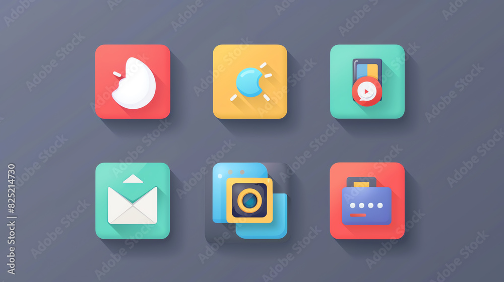 modern app icons, flat design, top view, sleek and minimalistic style, cartoon drawing, complementary color scheme. modern app icons, flat design, top view, sleek and minimalistic style, cartoon drawing, complementary color scheme.