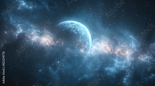 Mesmerizing Cosmic Landscape with Glowing Planet and Vibrant Nebula Formations