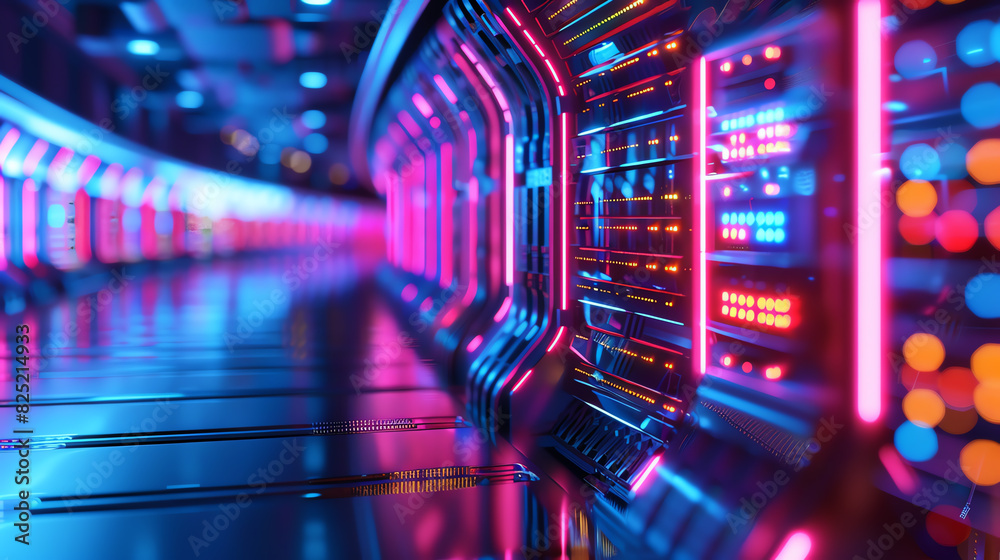 Naklejka premium quantum computing technology, flat design, side view, futuristic data processing, 3D render, triadic color scheme.