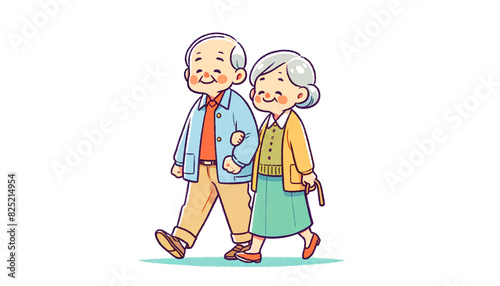 Elderly Japanese Couple Walking Happily