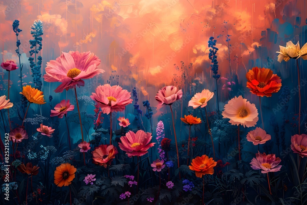 Obraz premium Vibrant Floral Landscape at Dusk with Blooming Petals and Lush Foliage