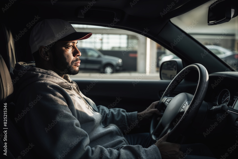 Man driving car in urban setting Man driving car in urban setting