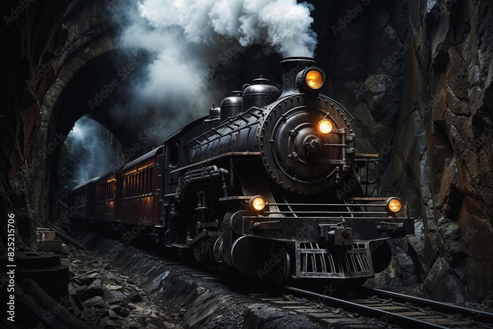 Fototapeta premium Vintage steam train emerging from tunnel