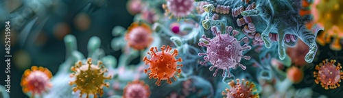 Microscopic pathogens visualized with stunning clarity and color, educational yet captivating photo