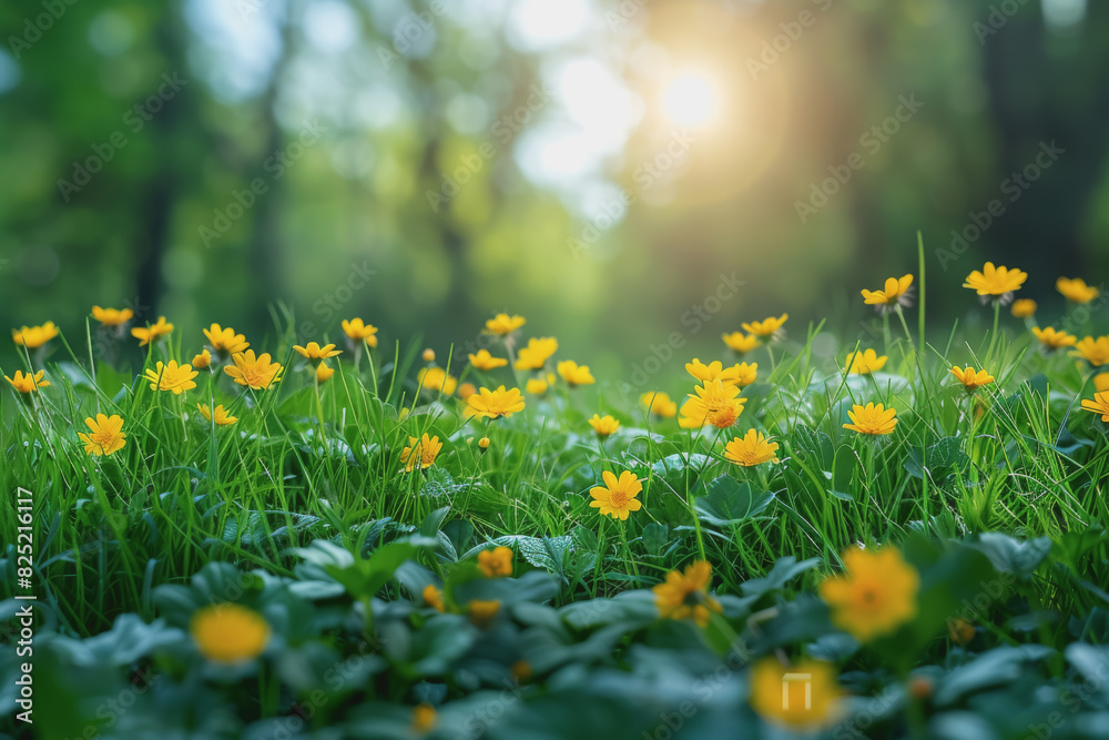 natural background. Juicy young green grass and wild yellow flowers outdoors in the morning