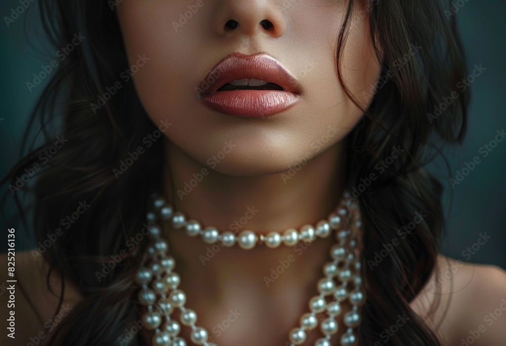Close-Up Portrait of a Woman with Pearl Necklace and Glossy Lips Close-Up Portrait of a Woman with Pearl Necklace and Glossy Lips
