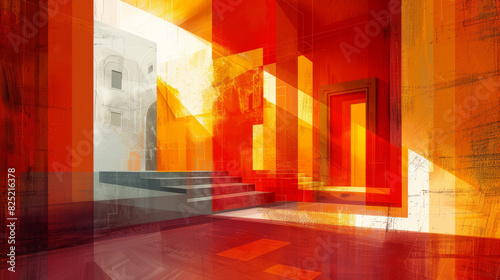 A dynamic abstract scene with bold, angular shapes and a bright, sunny palette, evoking the intensity of midday sun. photo
