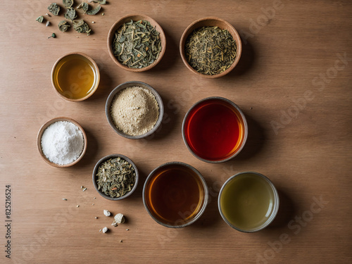 Flat lay of herbal tea ingredients on a wooden board photo