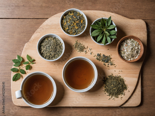 Flat lay of herbal tea ingredients on a wooden board