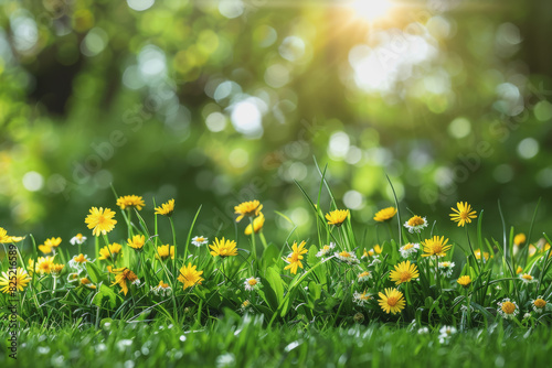 natural background. Juicy young green grass and wild yellow flowers outdoors in the morning