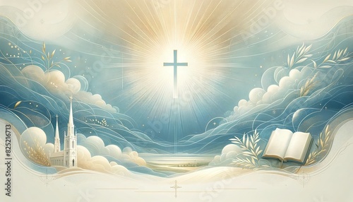 Poster on a religious theme 34. A stylized image of a shining cross, the Bible and a church in the sky among the clouds. For advertising, presentations, postcards photo