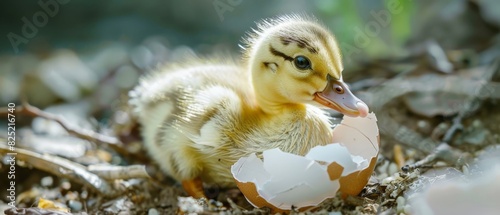 A cute newly hatched duckling sits on a pile of straw and looks around curiously. photo