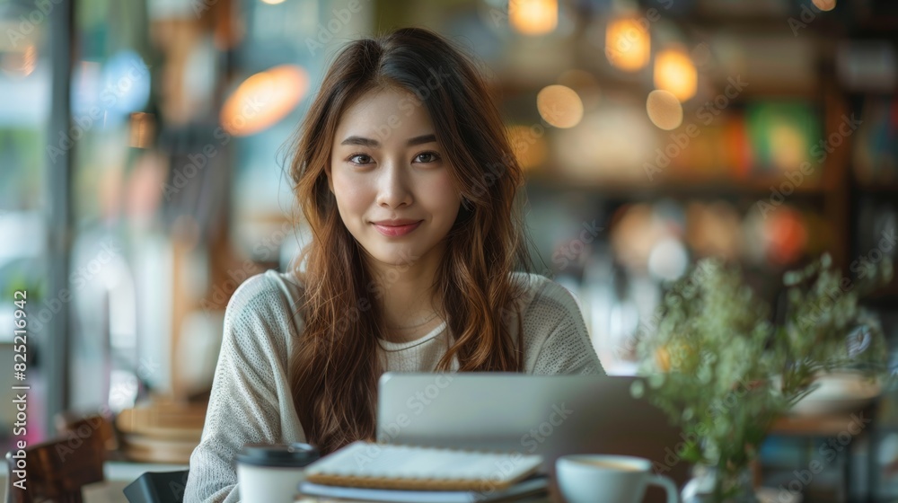 focused asian woman at coffee shop, working on laptop with notebooks and coffee, showcasing remote work focused asian woman at coffee shop, working on laptop with notebooks and coffee, showcasing remote work