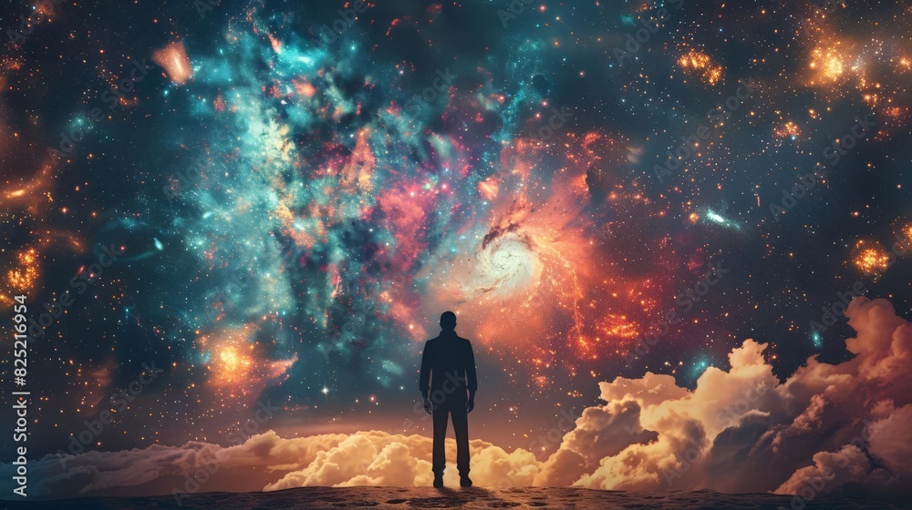 The image is of a person standing on a cliff, looking out at a beautiful landscape of a nebula and stars. The colors are vibrant and the scene is awe-inspiring.
