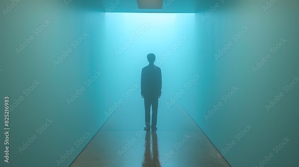 Obraz premium Silhouette of a solitary figure standing in a serene, blue-lit corridor, exuding a sense of calm and introspection. The minimalist scene captures the essence of solitude and reflection.