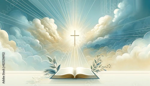 Poster on a religious theme 38. A stylized image of a shining cross in the sky among clouds and an open Bible. For advertising, presentations, postcards