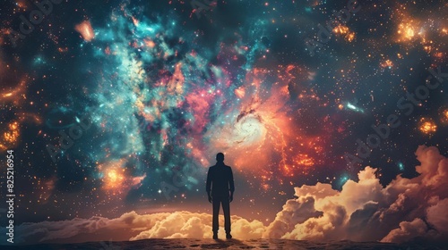 The image is of a person standing on a cliff, looking out at a beautiful landscape of a nebula and stars. The colors are vibrant and the scene is awe-inspiring. © Pui