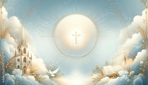Poster on a religious theme 37. A stylized image of a shining cross, the Bible, a church and a dove in the sky among the clouds. For advertising, presentations, postcards