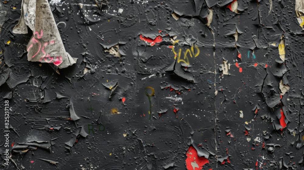 A black grunge background with torn paper, graffiti, and peeling paint. A black grunge background with torn paper, graffiti, and peeling paint.