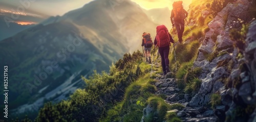 Hikers navigating a steep incline close up, focus on, challenge, whimsical, Blend mode, cliffside photo