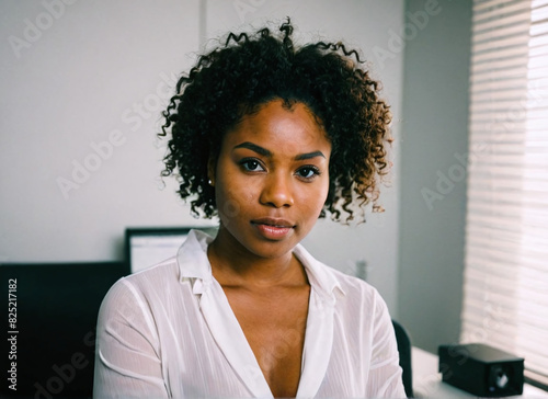A businesswoman with a headset concentrates on her work at a desk