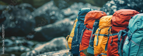Trekking backpacks lined up against a rock close up, focus on, equipment, realistic, Overlay, trailhead